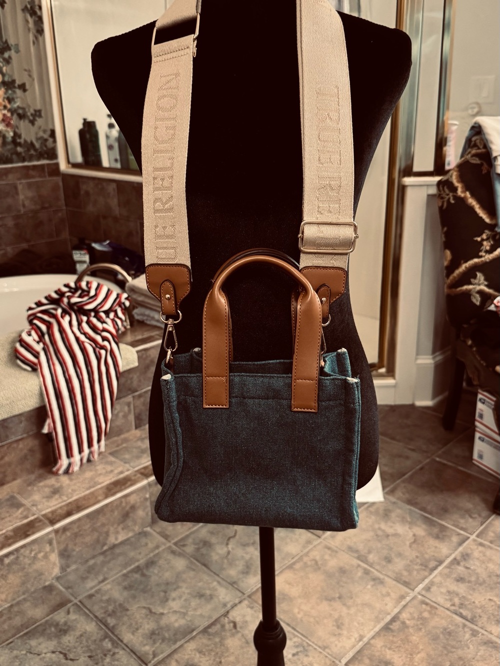 True Religion Denim Mini Tote with Brown Leather Handles - Picture 3 of 6